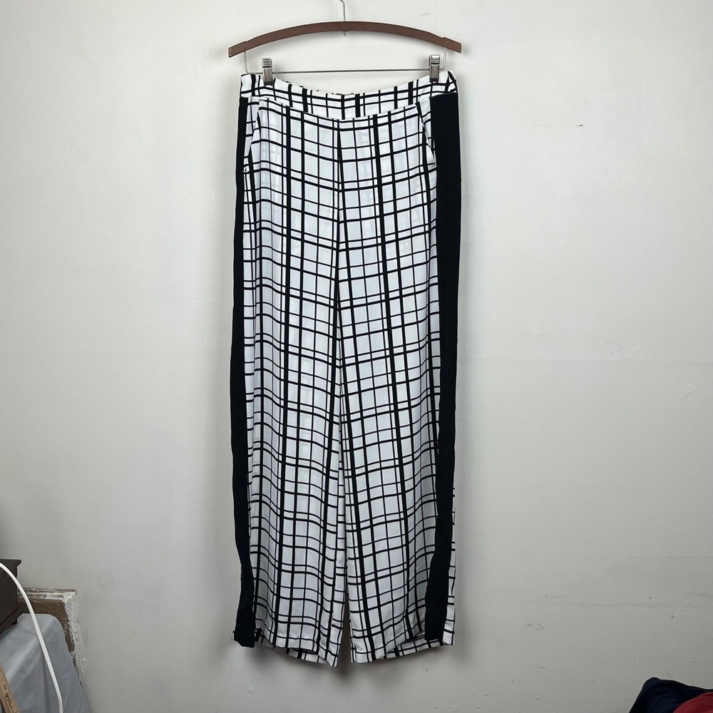 Splash Wide Leg Grid Print Pants Size 4 White Black Mod Avant Garde Windowpane